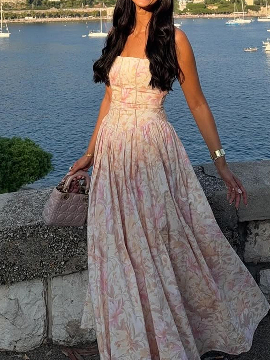 Printed Strapless Backless Maxi Dress – Fitted Long Dress