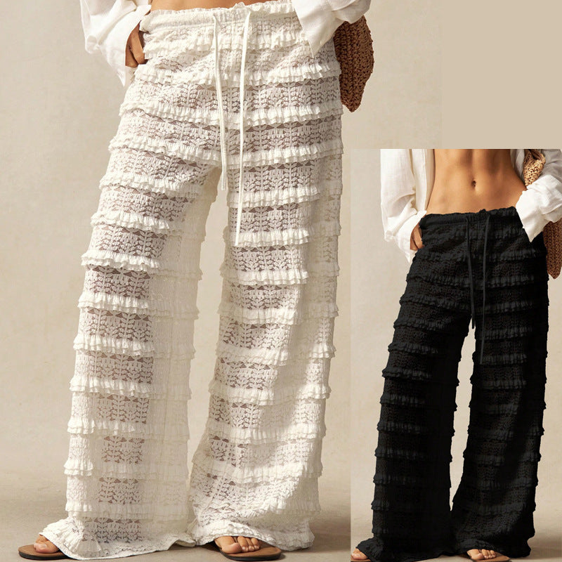 Women's Lace Jacquard Wide-Leg Pants – Hollow-Out Ruffle Patchwork Tie-Up Boho Trousers