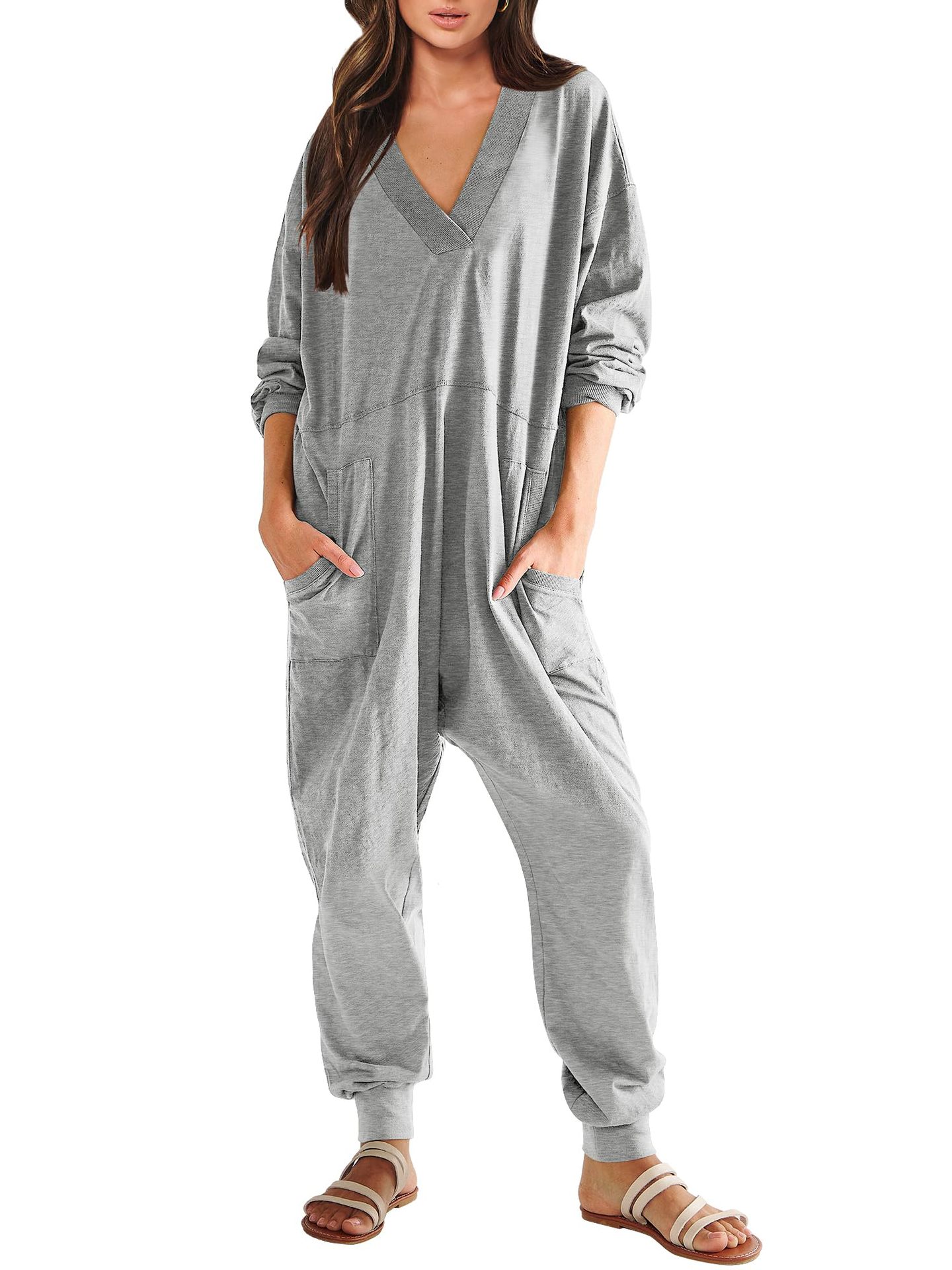Women’s V-Neck Long Sleeve Solid Color Loose Jumpsuit With Two Side Pockets