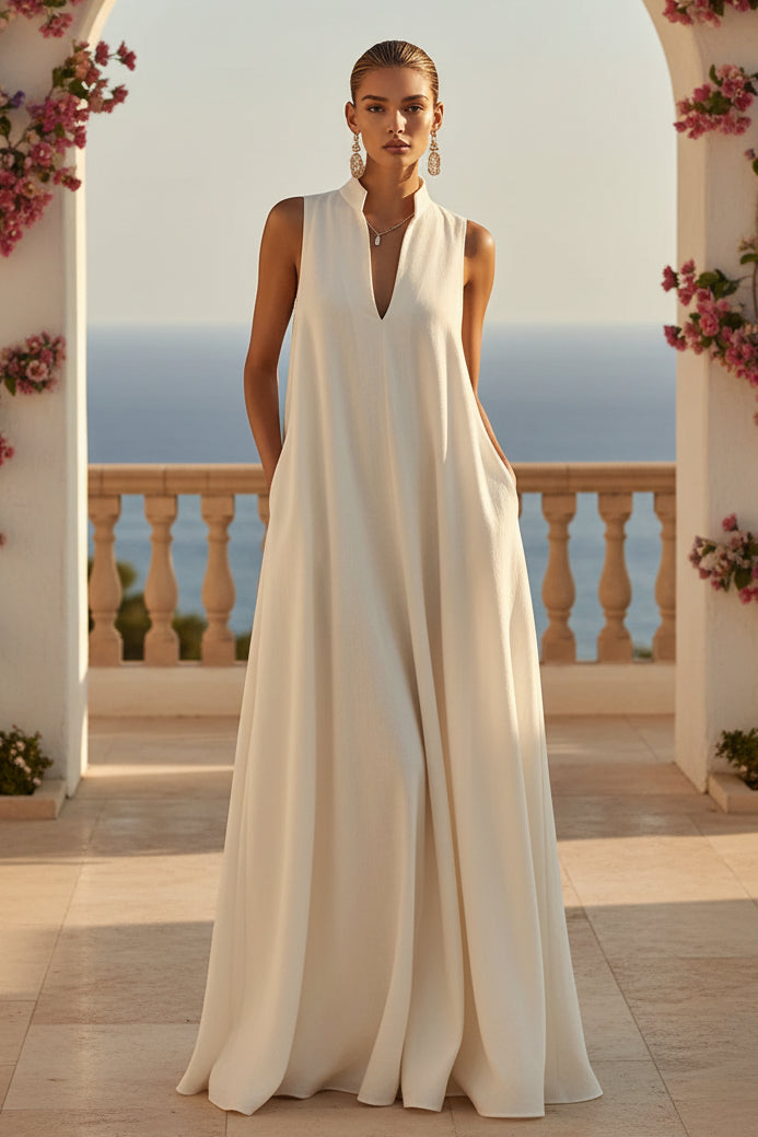 Linen Blend Sleeveless Stand-Collar Maxi Dress – 5 Colors S–3XL