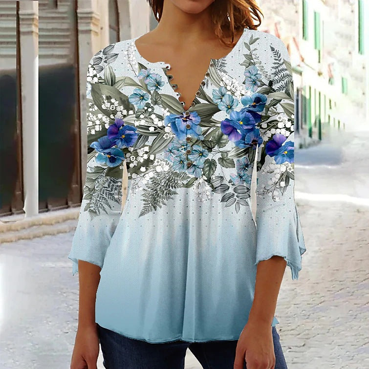 🌸 Asymmetrical Spike Button 3/4 Sleeve T-Shirt – Effortless Chic