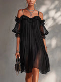 Women's Sexy Sheer Lace Spliced Strap Backless Irregular Mini Dress – Black