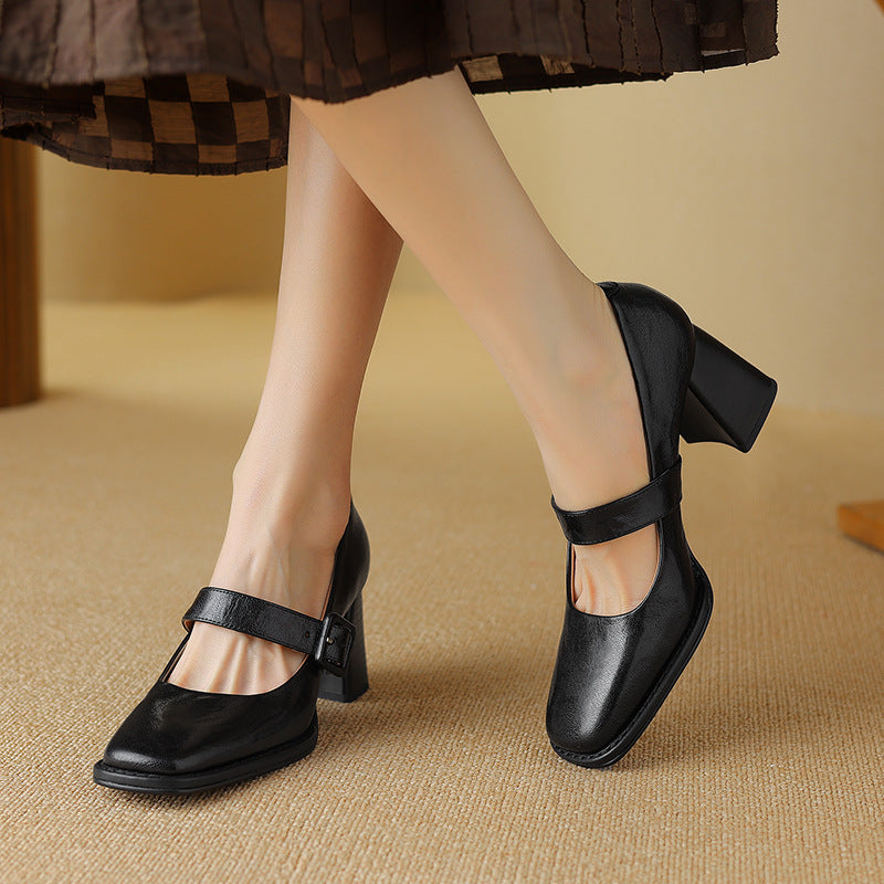 Women's Sheepskin Mary Jane Heels – Square Toe Chunky Heel Buckle Pumps