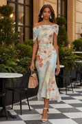 Women's Digital Print One-Shoulder Long Sleeve Floral Maxi Dress – Blue Floral
