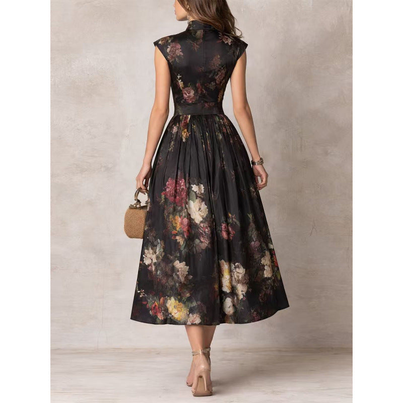 Women's Black 3D Floral Print Mandarin Collar Sleeveless Maxi Dress