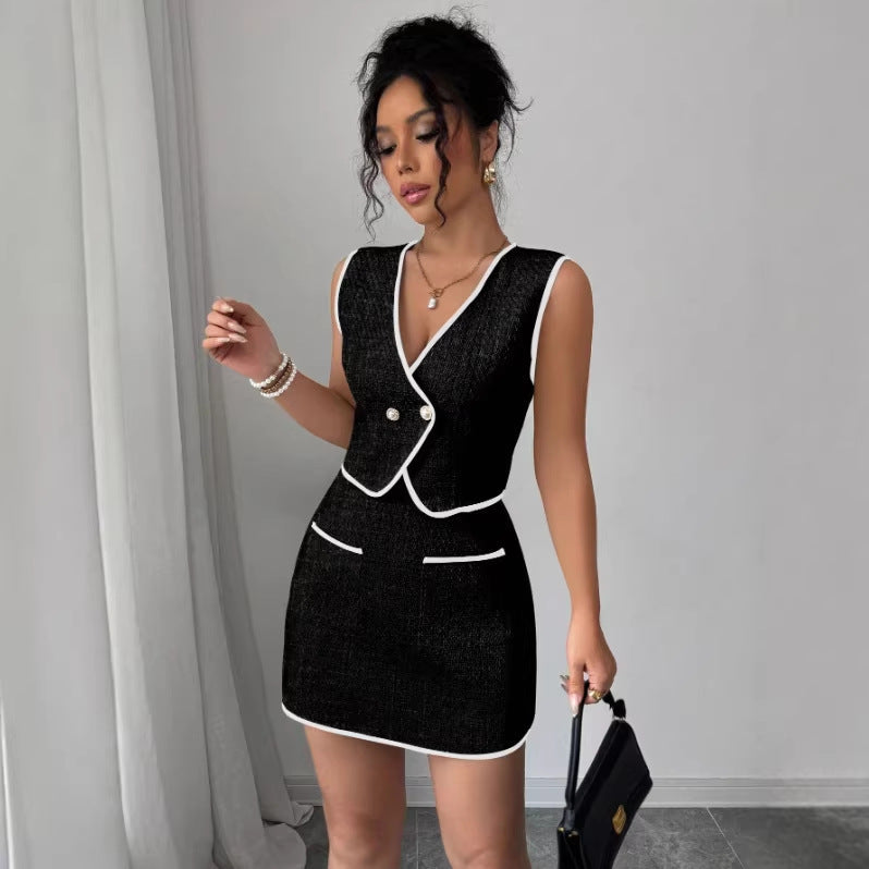 Sleeveless Irregular Top & Color-Block Pocket A-Line Skirt Set