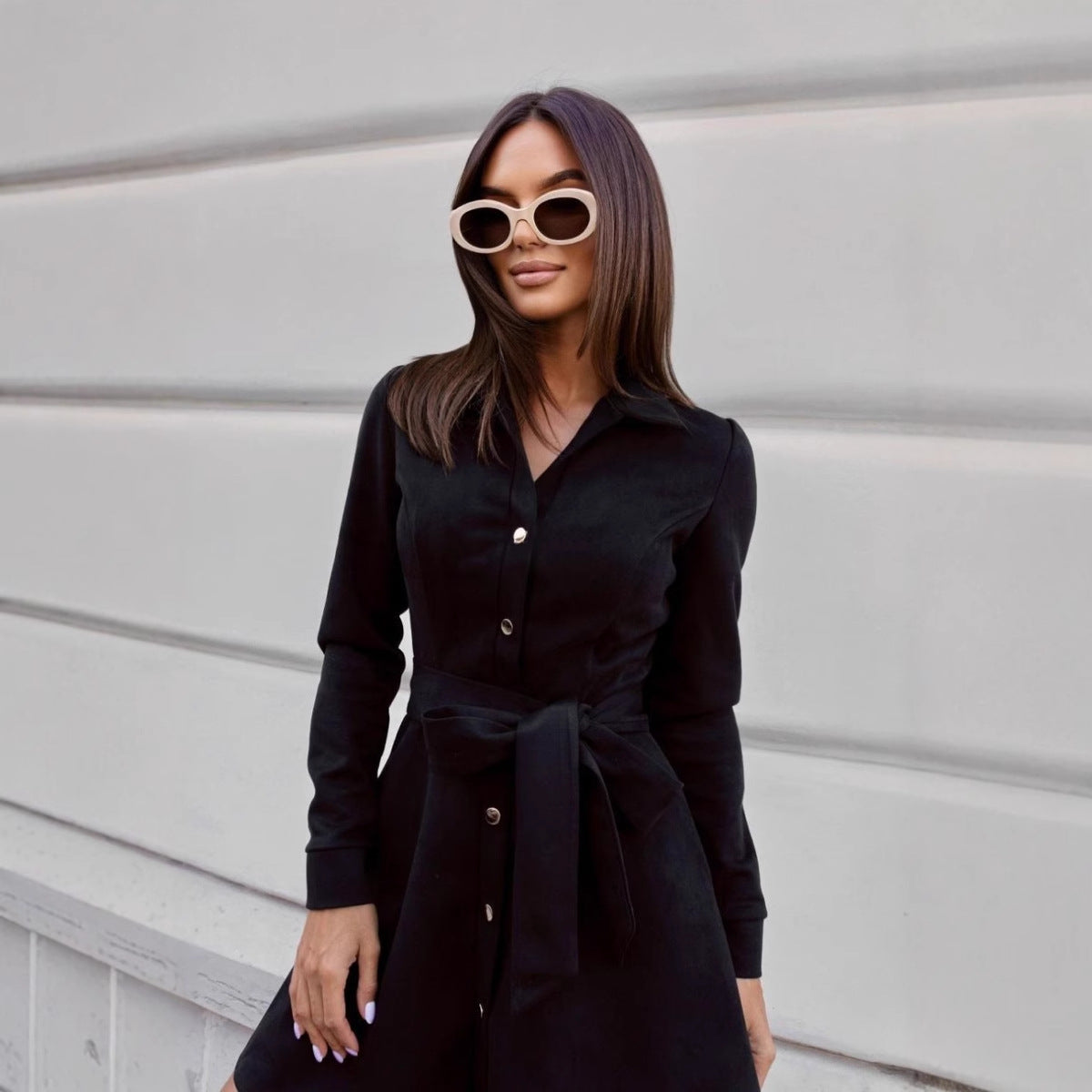 Loose Linen Lace-Up Long-Sleeve Mini Dress – 3 Colors, S–2XL