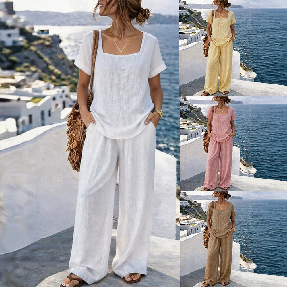 Women's Square-Neck Short-Sleeve Pantsuit – Cotton Blend Two-Piece Set