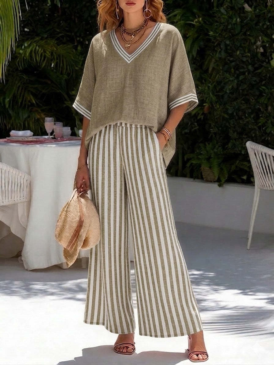 Women's Striped Tunic Top & Casual Trousers Two-Piece Set