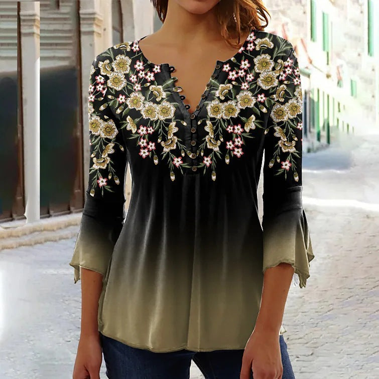 Women’s V-Neck 3/4 Sleeve Button-Front Tunic Blouse
