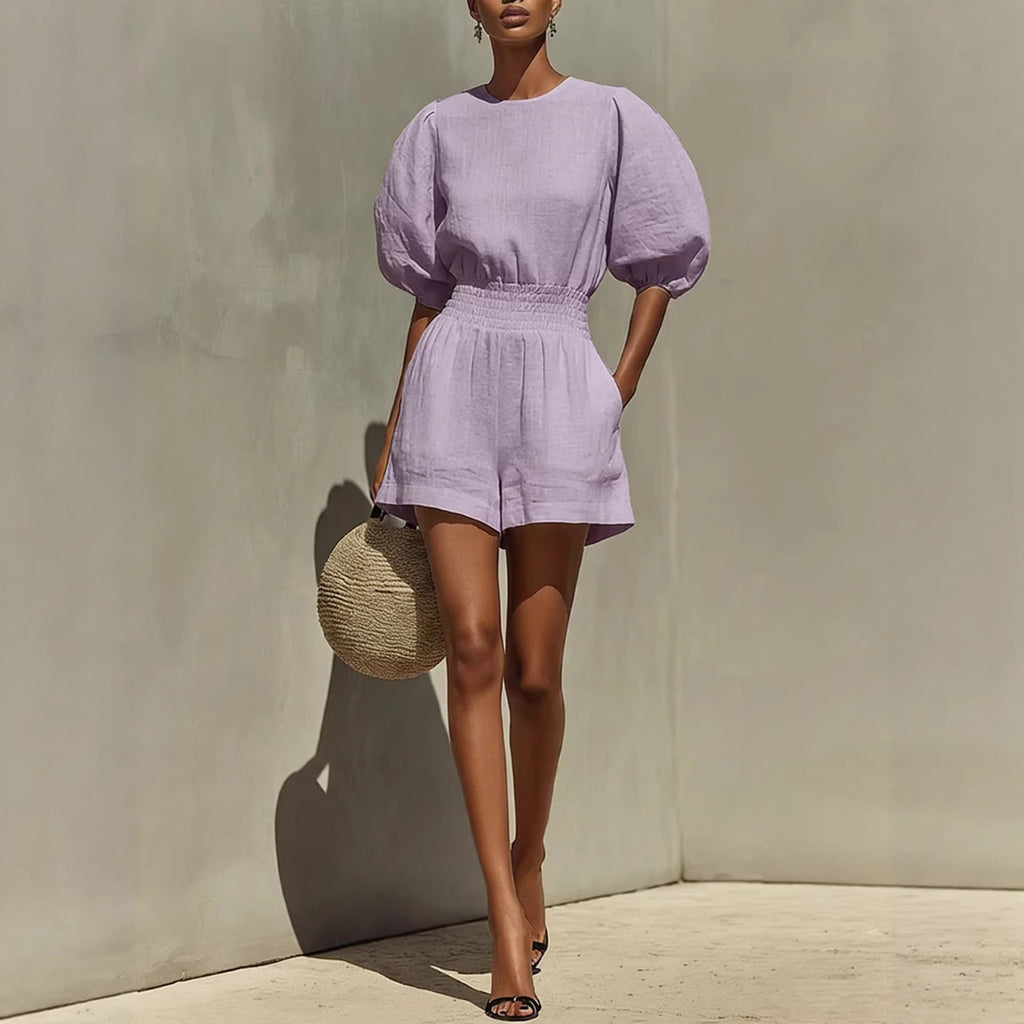 Women's Puff-Sleeve Top & Cropped Shorts Set – Casual Chic