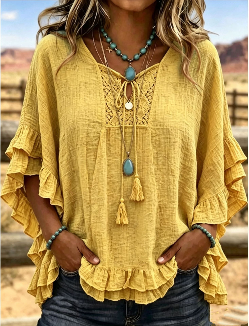 Women's Boho V-Neck Lace-Up Ruffle Sleeve Blouse – Lace Trim