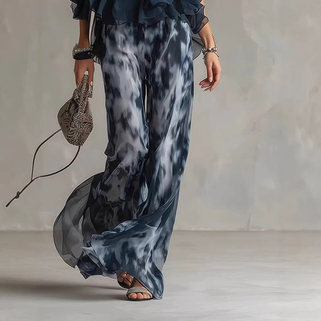 Women's Halter Neck Ruffle Chiffon Top & Tie-Dye Wide Leg Pants Set