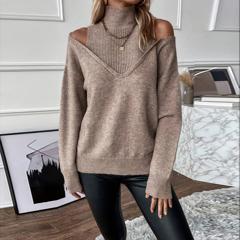 Women’s Elegant Off-Shoulder Turtleneck Sweater — Long Sleeve Knit Top