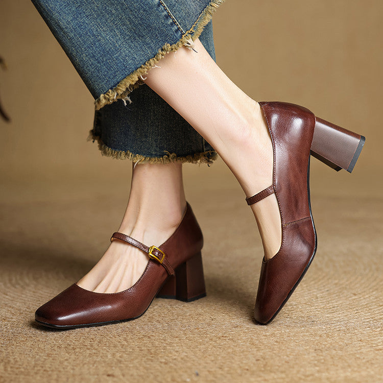 Women's Genuine Leather Mary Jane Block Heel Pumps