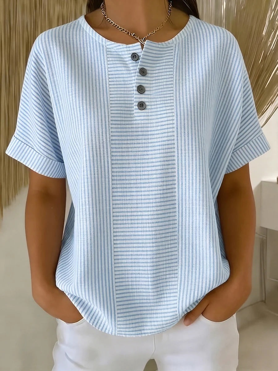 Women's Striped T-Shirt – V-Neck, Button Detail, Loose Fit