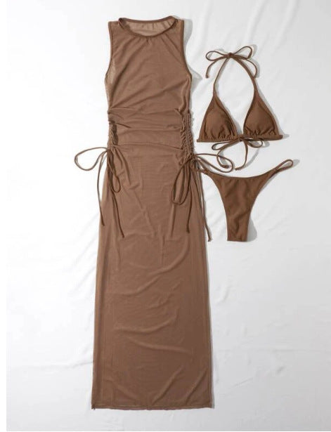 Women's Solid Color Three-Piece Bikini Set with Maxi Dress Cover-Up