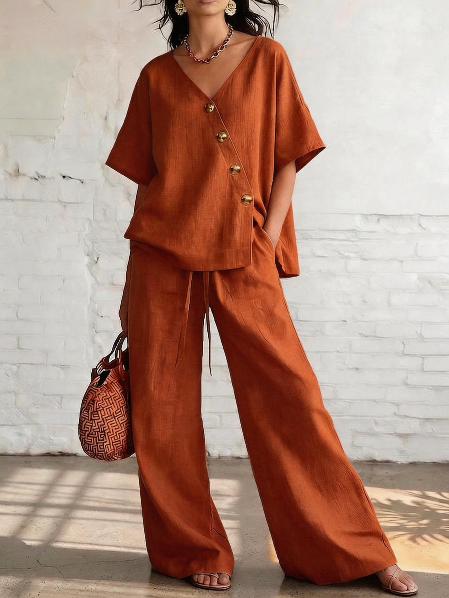 Women's Loose Cotton-Linen V-Neck Top & Wide-Leg Pants Set