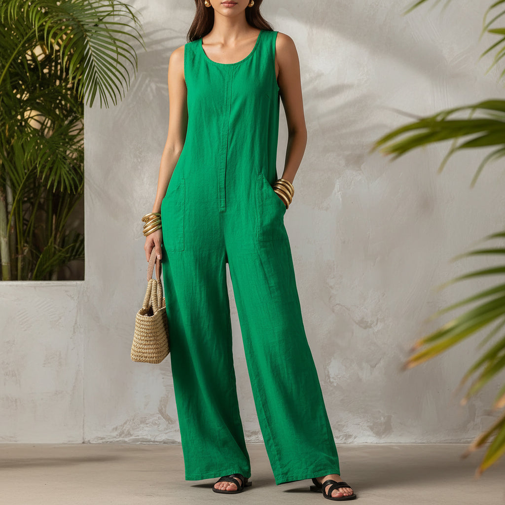 Linen Blend Sleeveless Stand-Collar Jumpsuit – 5 Colors S–3XL