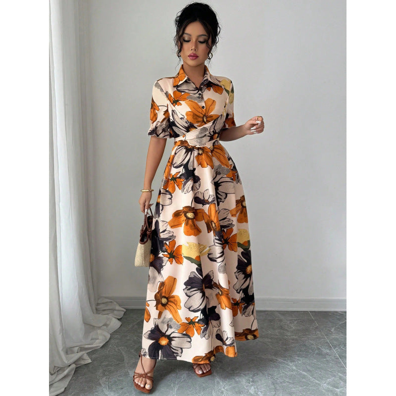 Women’s Printed Puff Sleeve Dress – Blouse Collar Cross-Tie Waist Style