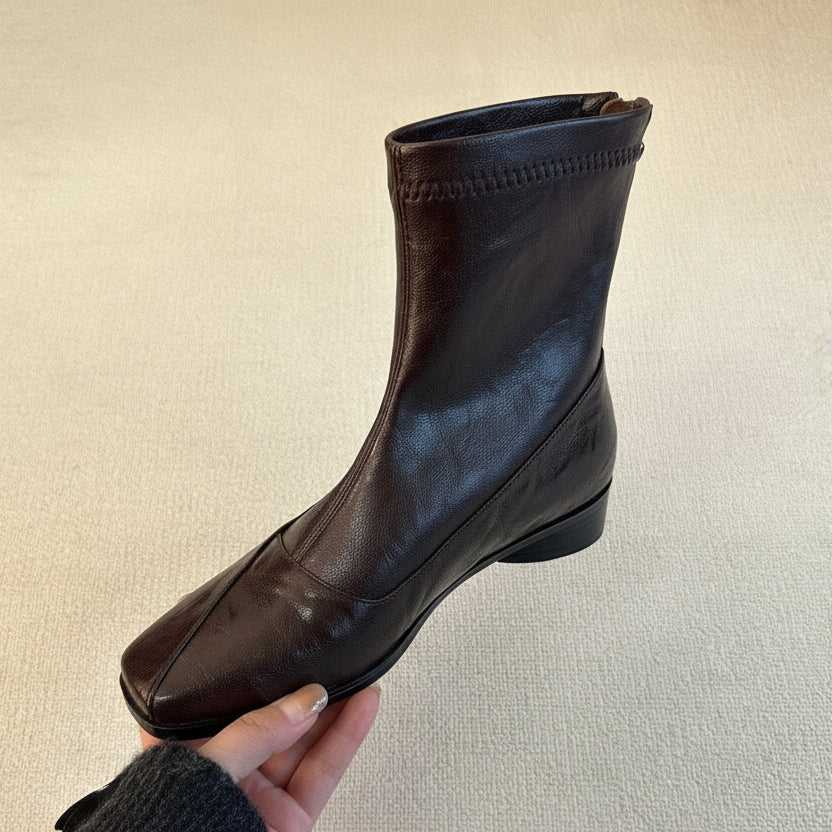 Women's French Retro Genuine Leather Square Toe Block Heel Ankle Boots