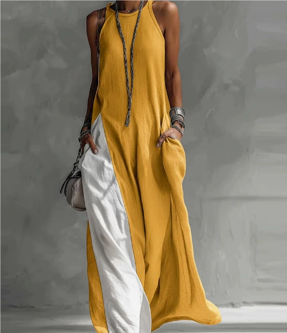 Off-Shoulder Color-Block Flared Maxi Dress with Pockets | 5 Colors