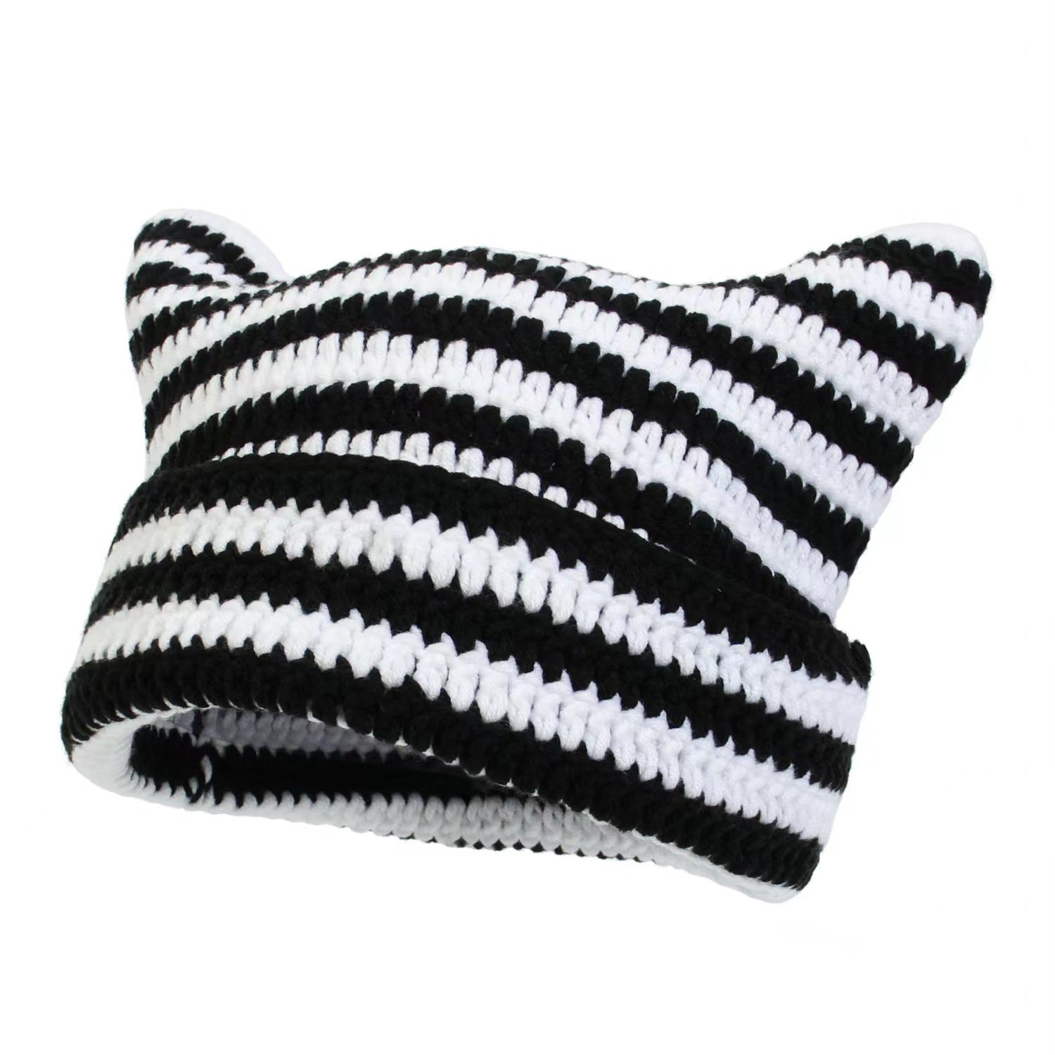 Women’s Hand Knitted Striped Cat Hat – Cute Warm Winter Beanie