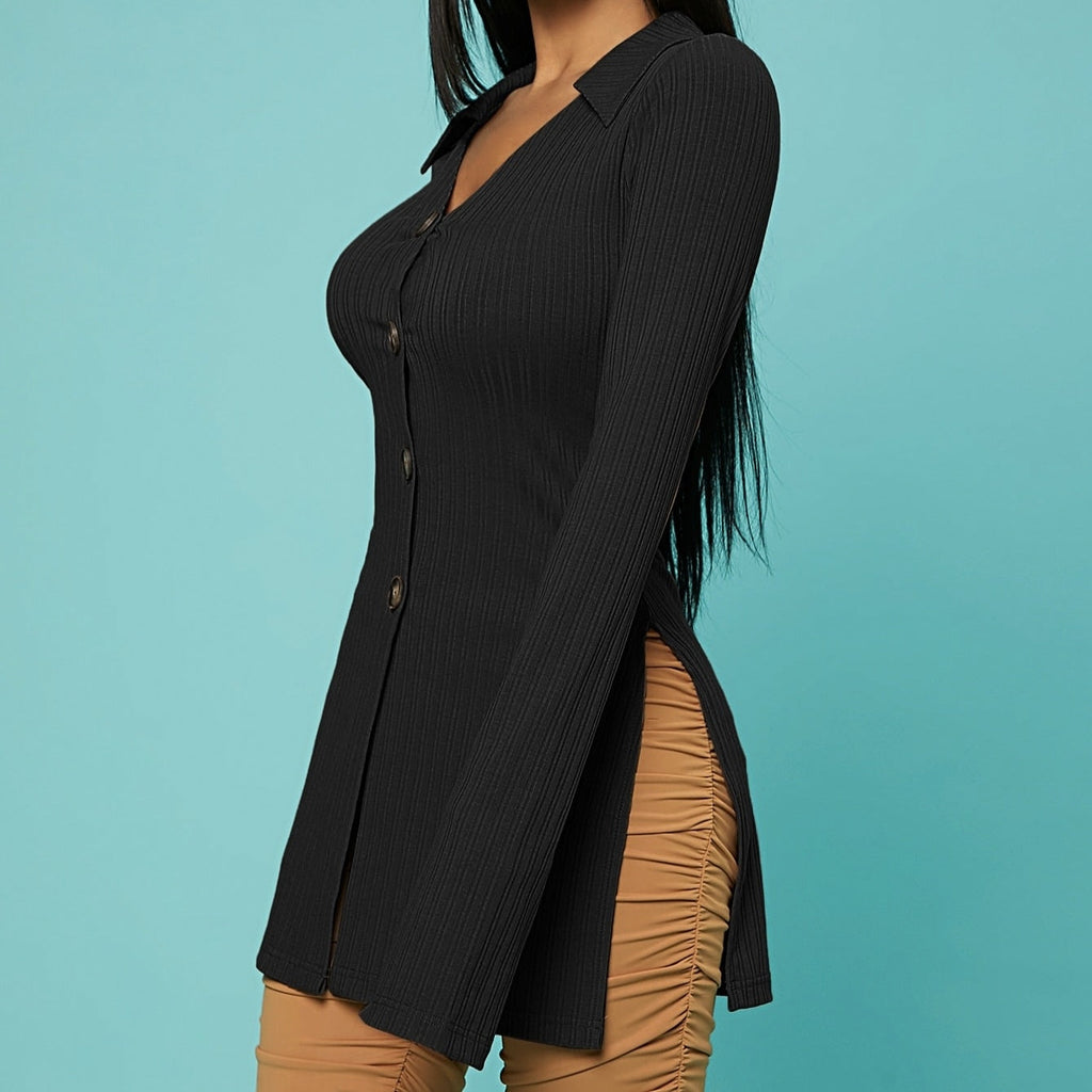 Women's V-Neck Ribbed Knit Button Cardigan Top – Black
