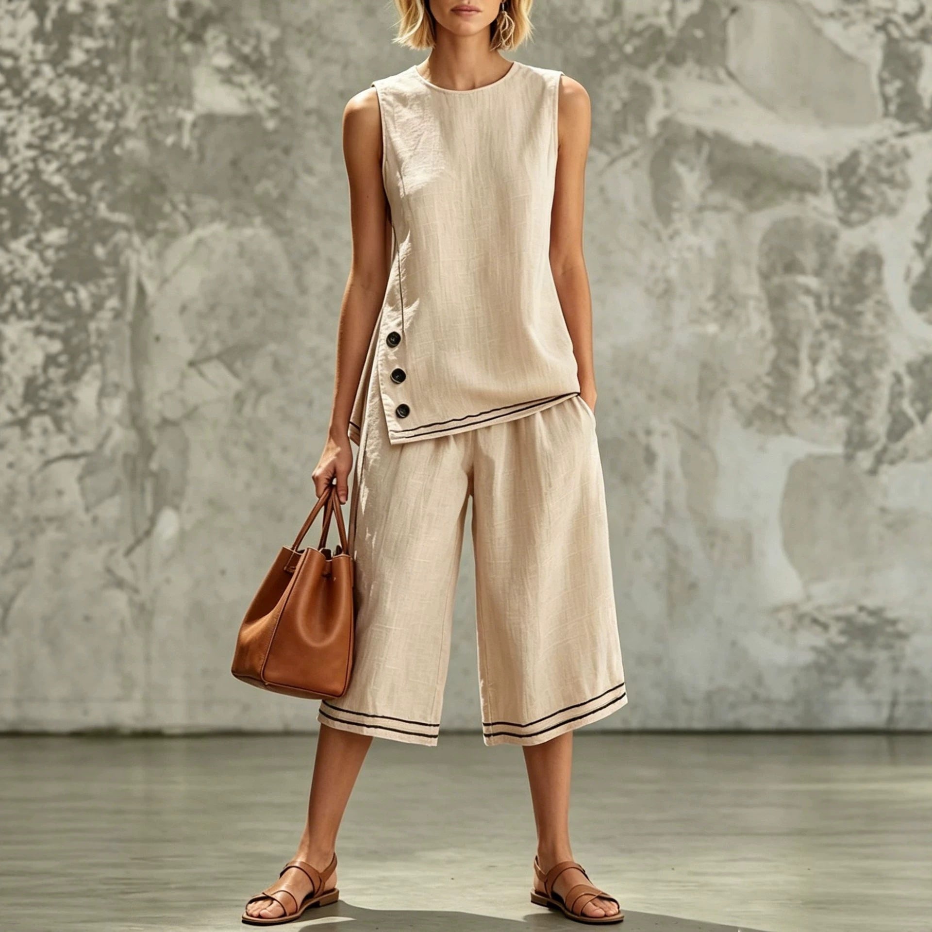 Women's Tank Top & Wide-Leg Pants Set – Side Split, Pockets, Buttons