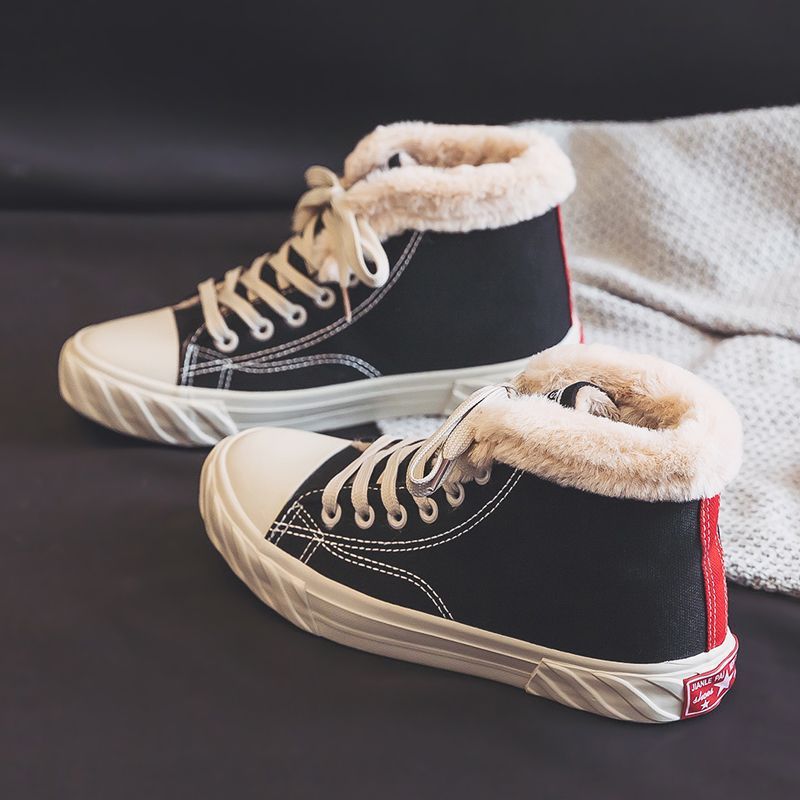 Women’s Warm Black Winter Thick Flat High-Top Velvet Canvas Shoes