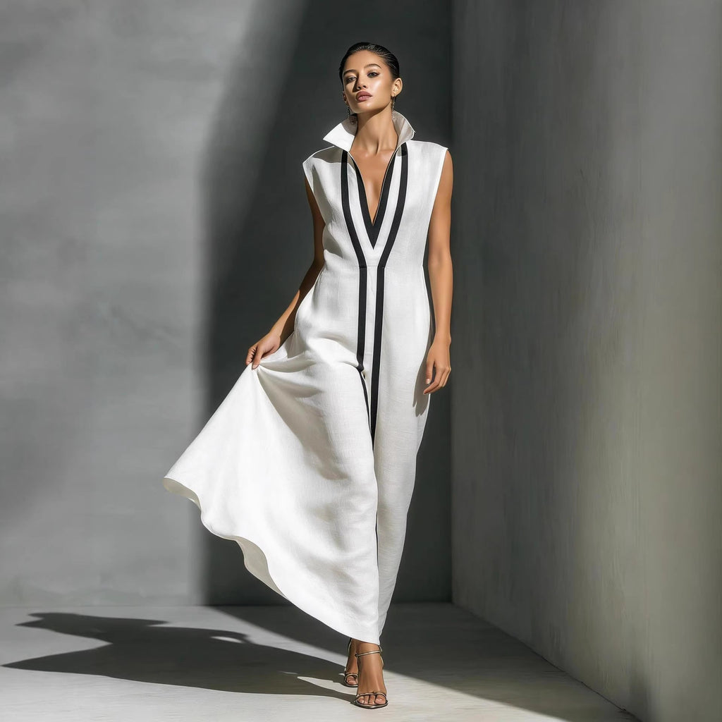 Women's V-Neck Color-Block Sleeveless A-Line Maxi Dress – 4 Colors XS–2XL