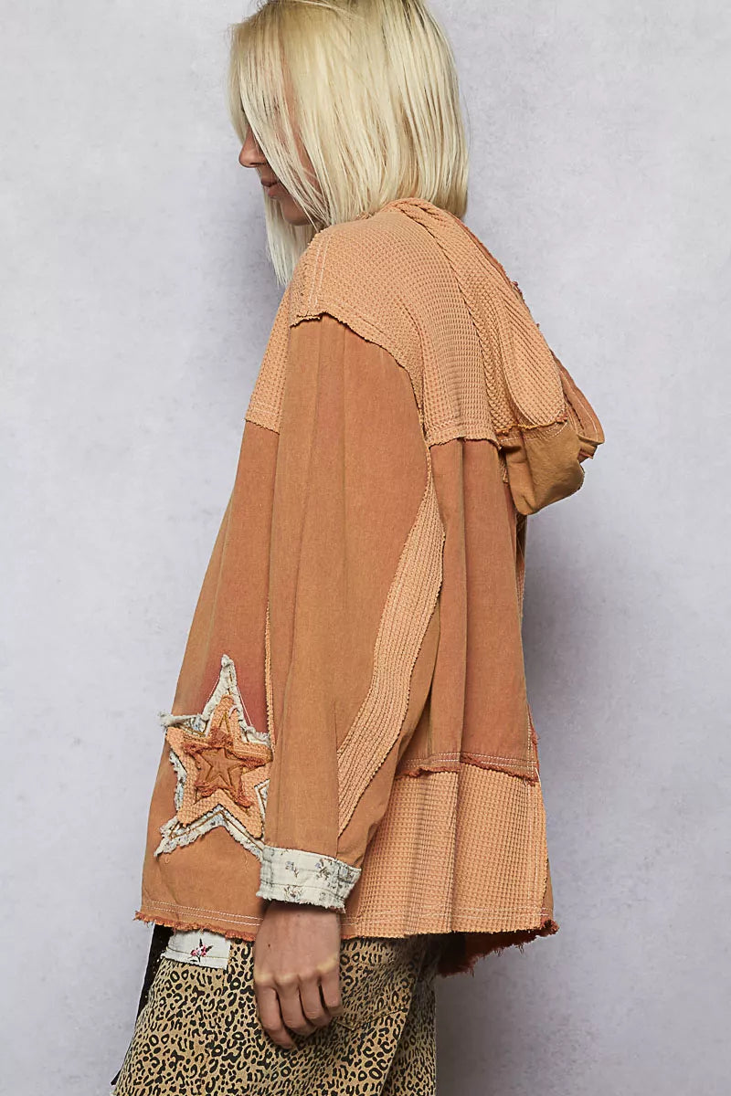 POL Button Down Hooded Jacket with Star Patch Pattern