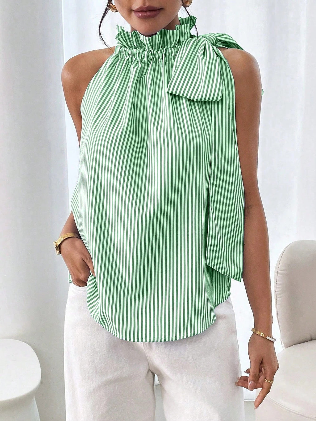 Women's Striped Sleeveless Top – Ruffle High Neck Lace Trim Tie-Knot Bow Blouse