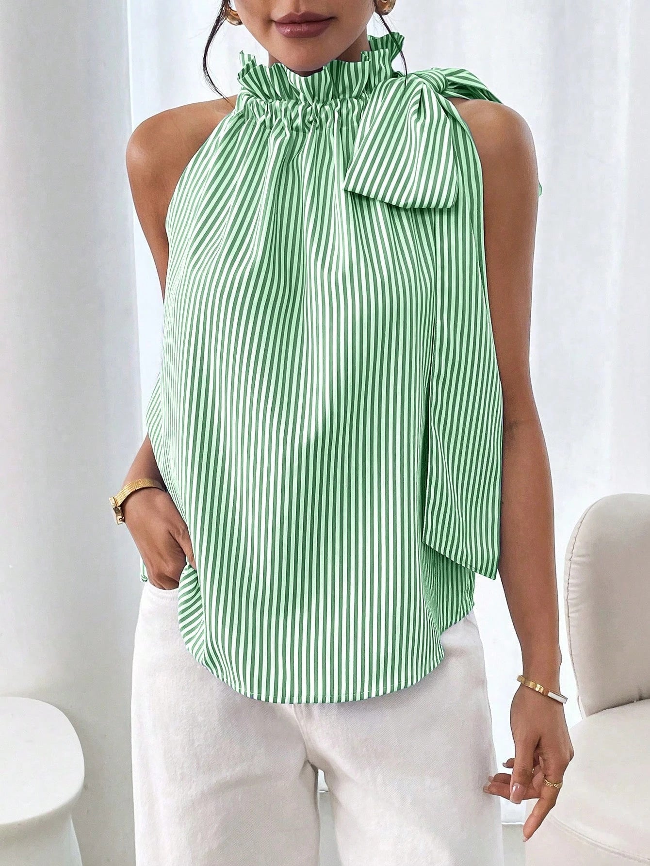 Women's Striped Sleeveless Top – Ruffle High Neck Lace Trim Tie-Knot Bow Blouse