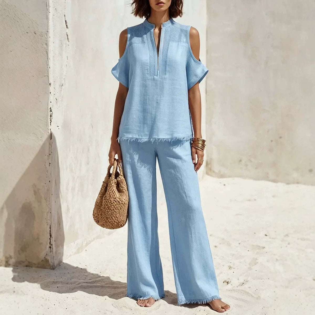 Women's Off-Shoulder Short-Sleeve Linen Blend Pantsuit Set