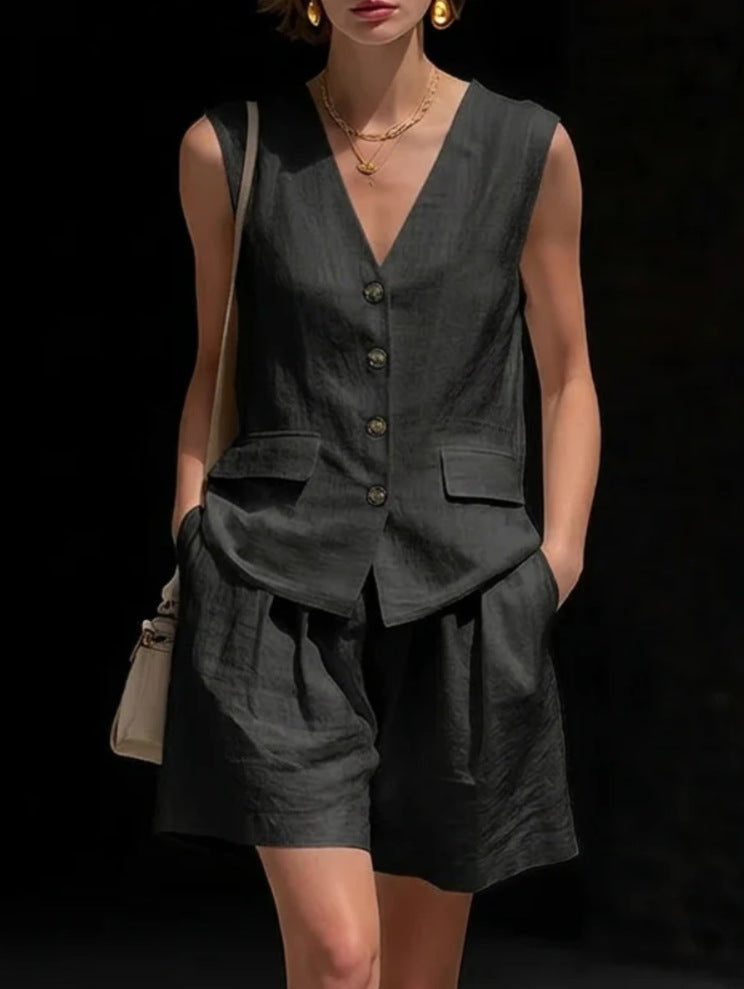 Women’s Cotton Linen Sleeveless Vest Top and Shorts Set