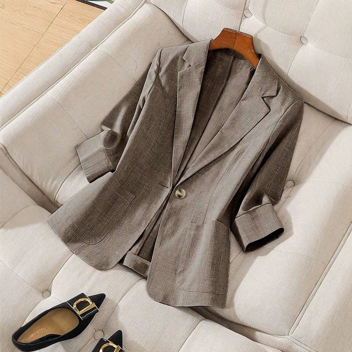 Women's Single Button Notch Lapel 3/4 Sleeve Blazer Jacket