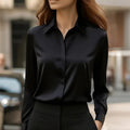 Loose Fit Satin Blouse — V-Neck Long Sleeve Tunic Top for Office & Casual Wear