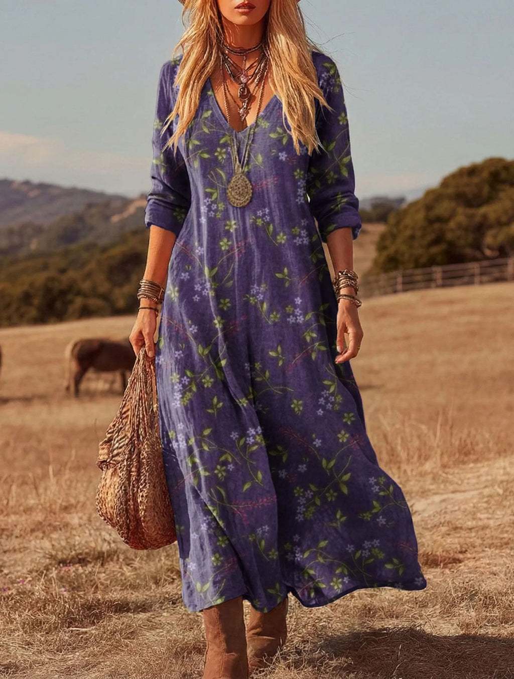 Women's Retro Chic 3D Print V-Neck Long-Sleeve A-Line Dress