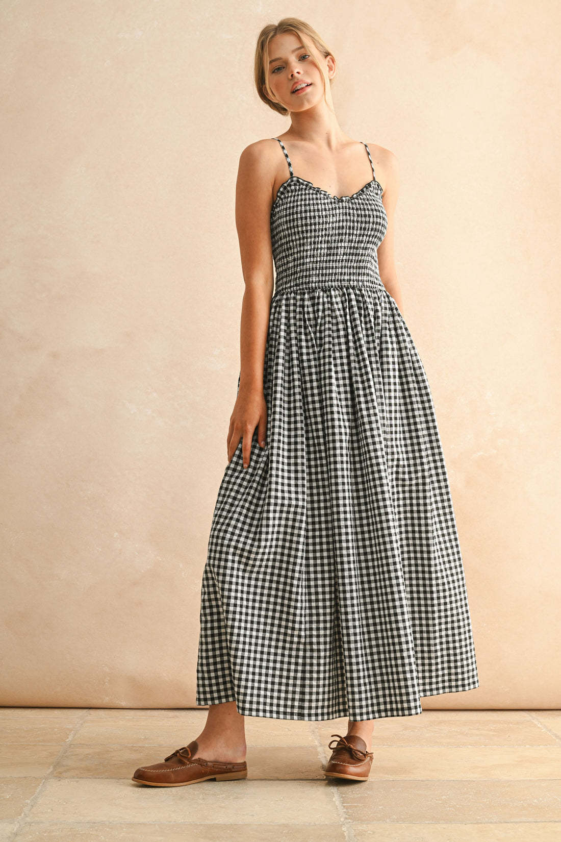 Women's Retro Plaid Sleeveless A-Line Maxi Dress – Fitted Waist Pleated Sundress