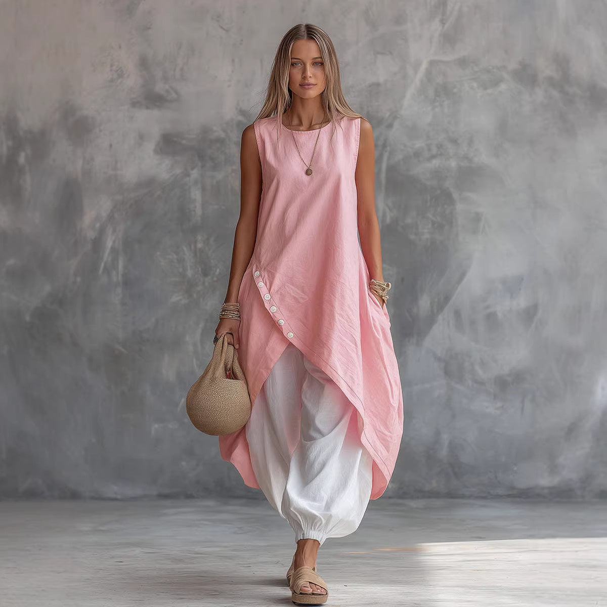 Solid-Color Sleeveless Loose-Fit Dress With Patch Pockets