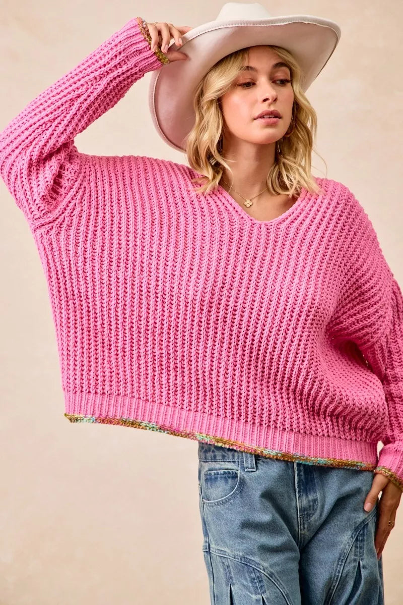 BiBi V-Neck Sweater with Colorful Trim