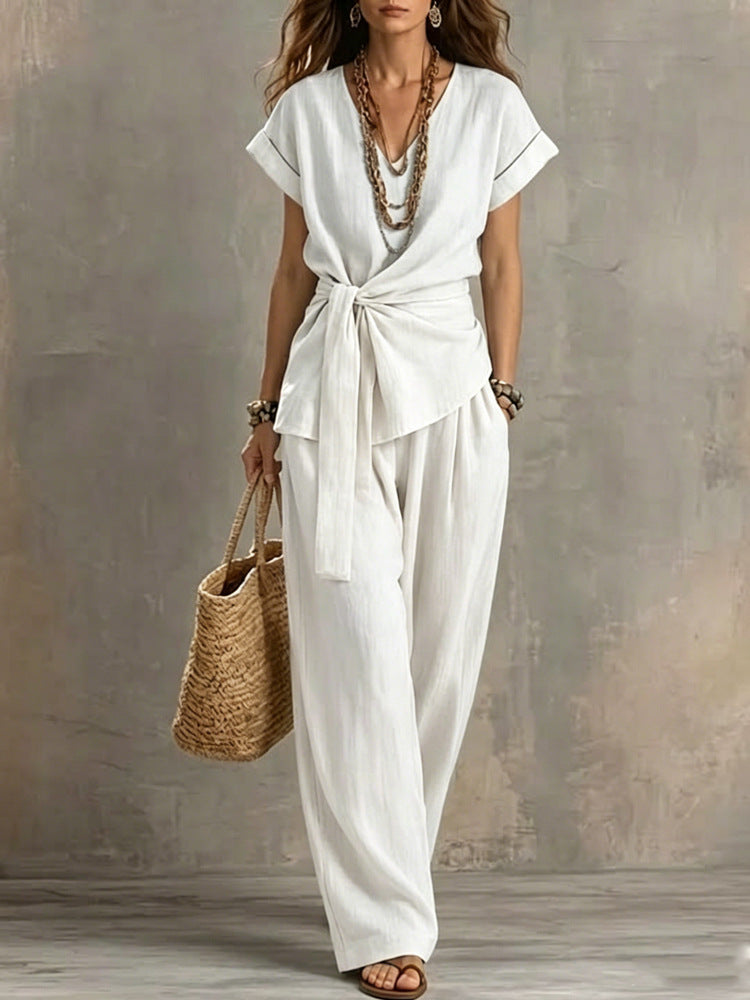 Women's V-Neck Short-Sleeve Top & Pants Two-Piece Set