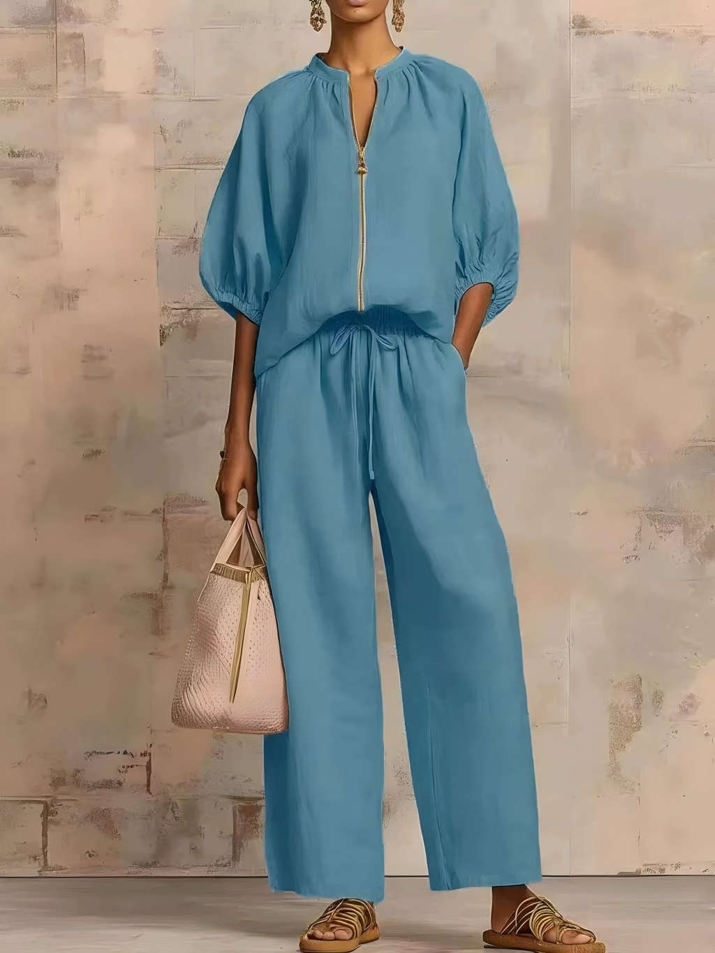 Women's Casual Loose Zipper Round Neck Wide-Leg Pants Set