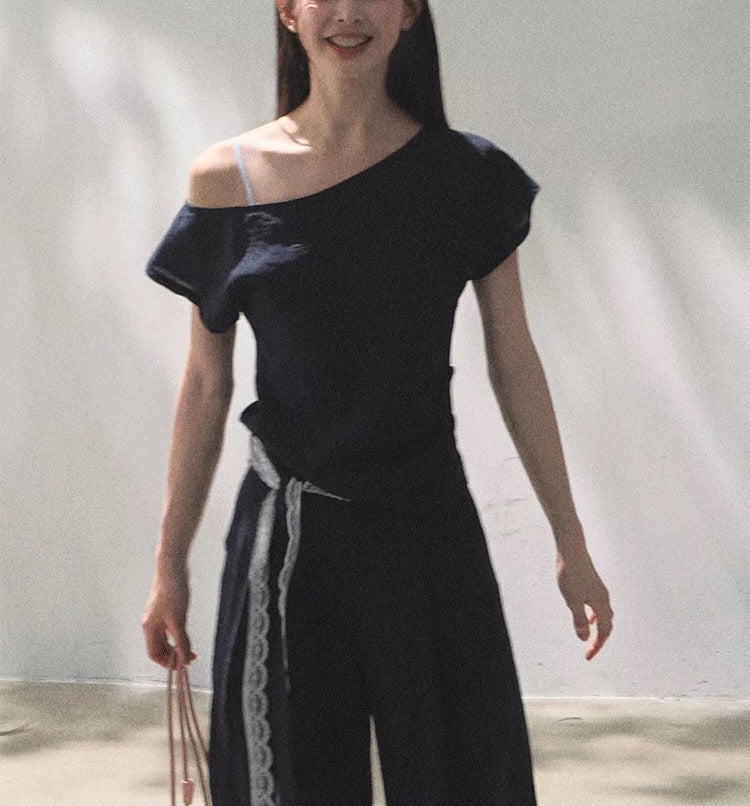 Linen Off-Shoulder Asymmetric Casual Set – 2 Colors, S–L