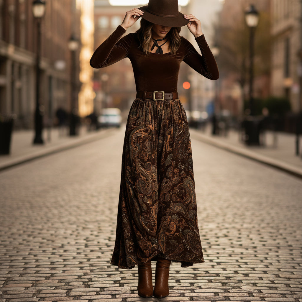 Women's Floral Print Long Sleeve Skirt Set with Belt – Caramel
