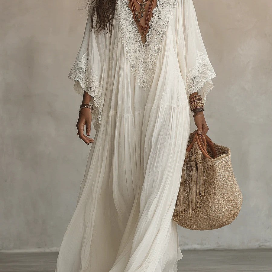 Women's Deep V-Neck Lace Trim Flared Sleeve Boho Maxi Dress