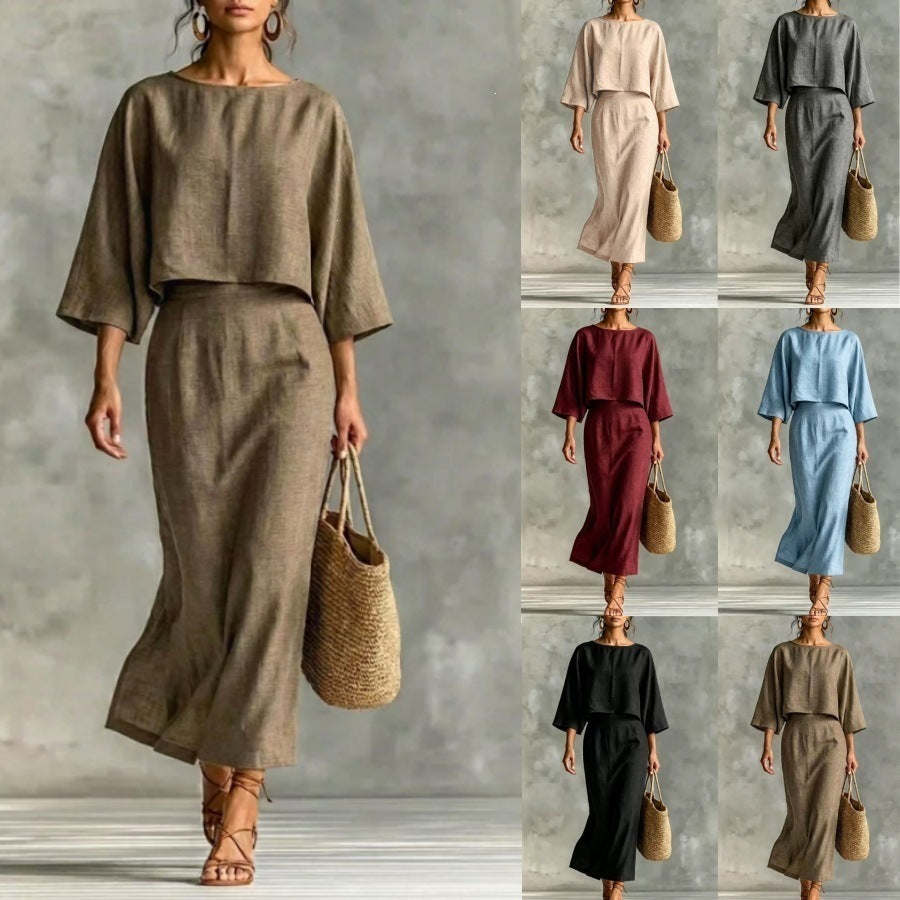 High Waist Long Skirt & 3/4 Sleeve Loose Top Set