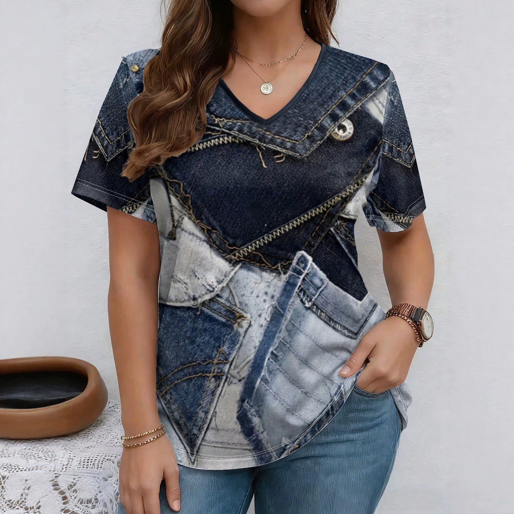 V-Neck Denim Print Short Sleeve T-Shirt | Loose Casual Tee
