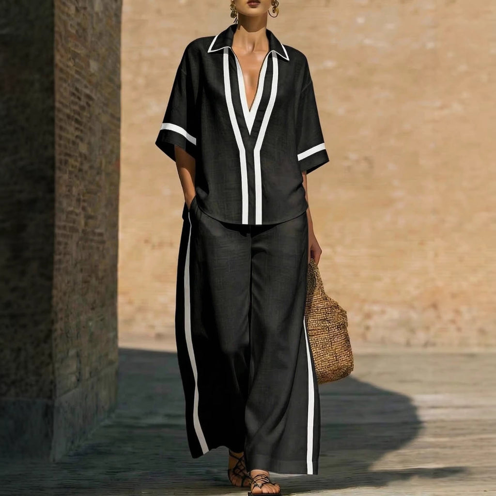 Women’s Color Block Shirt and Wide-Leg Pants Set